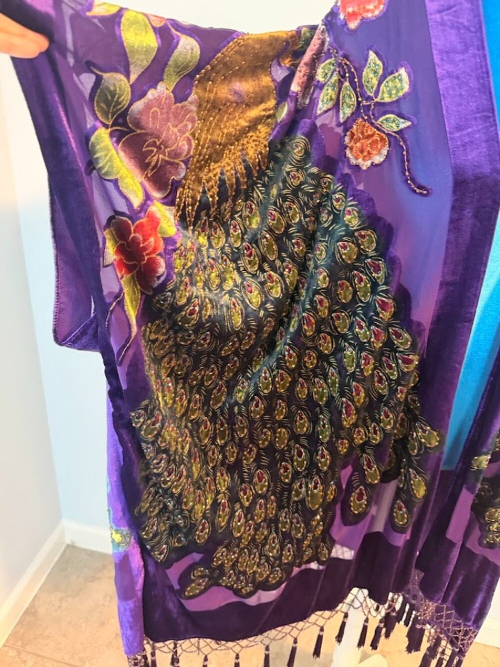 Purple Peacock Embroidered Kimono Duster Fringe Boho - Picture 6 of 11